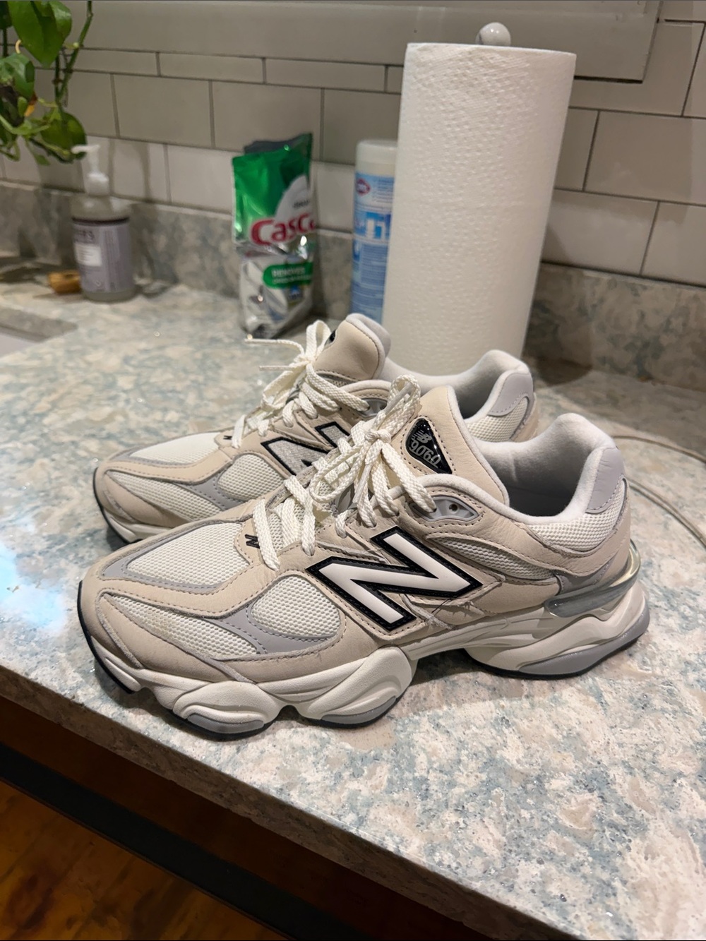 New Balance 9060 Sneakers in Cream and Light Gray with Black Logo
